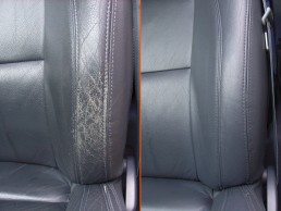 Lederreparatur an einem Autositz im Vorher-Nachher-Vergleich