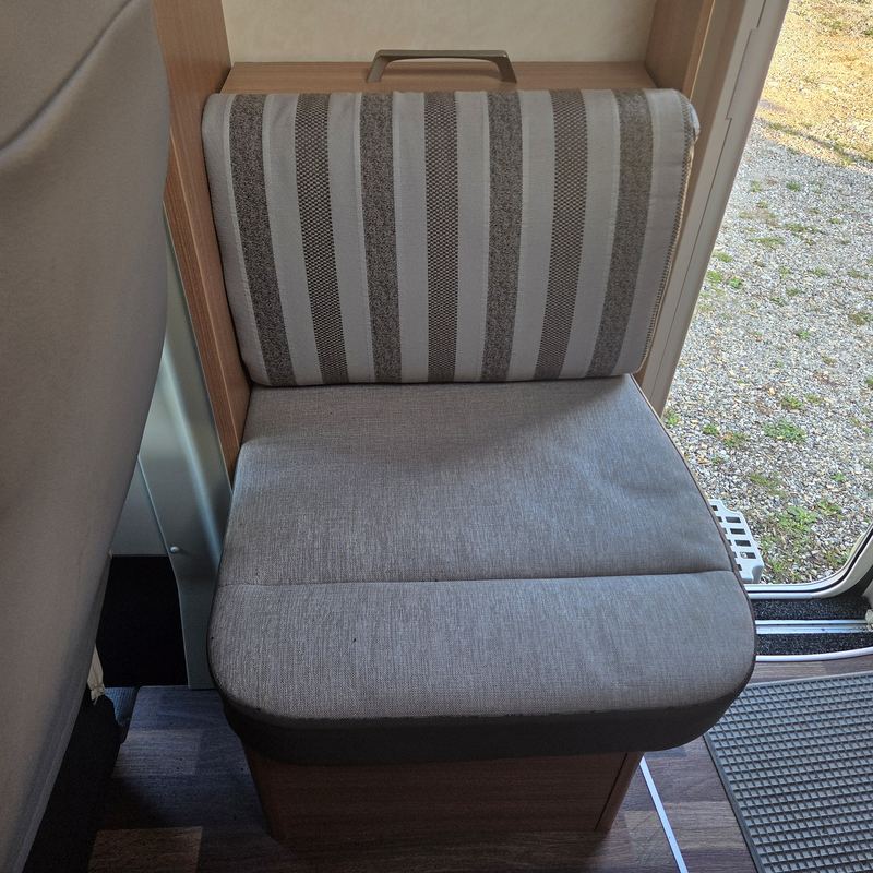 Einzelsitz an der Wohnmobiltür vorher mit Streifenstoff